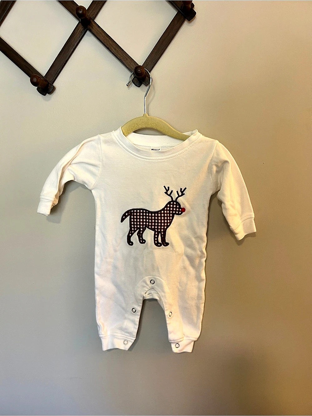 Monag Gingham Dog/Reindeer Long Sleeve Romper Baby 3-6M